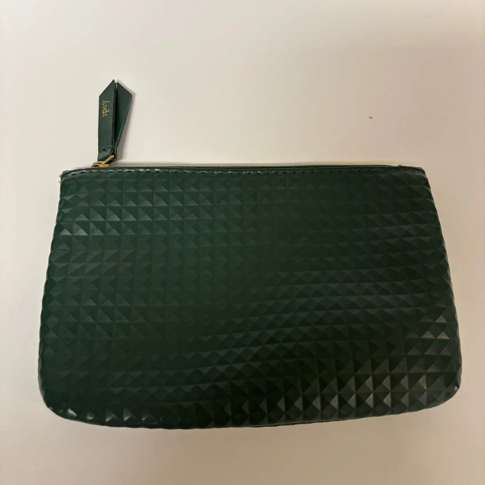 Ipsy Dark Green Textured‎ Geometric Pyramid Makeup Bag Pink Interior Pouch